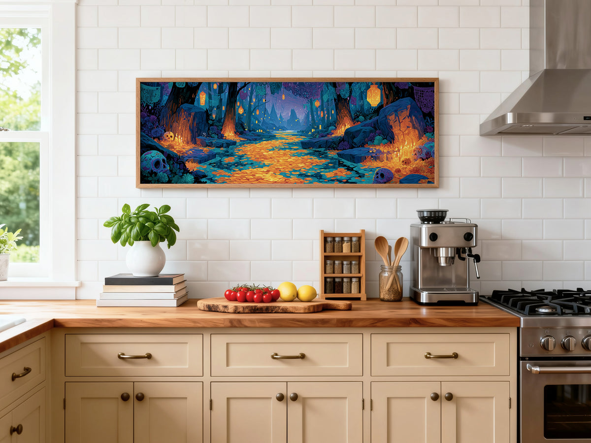 Dia de los Muertos Panoramic Canvas Print, Mystical Blue & Orange Forest Wall Decor