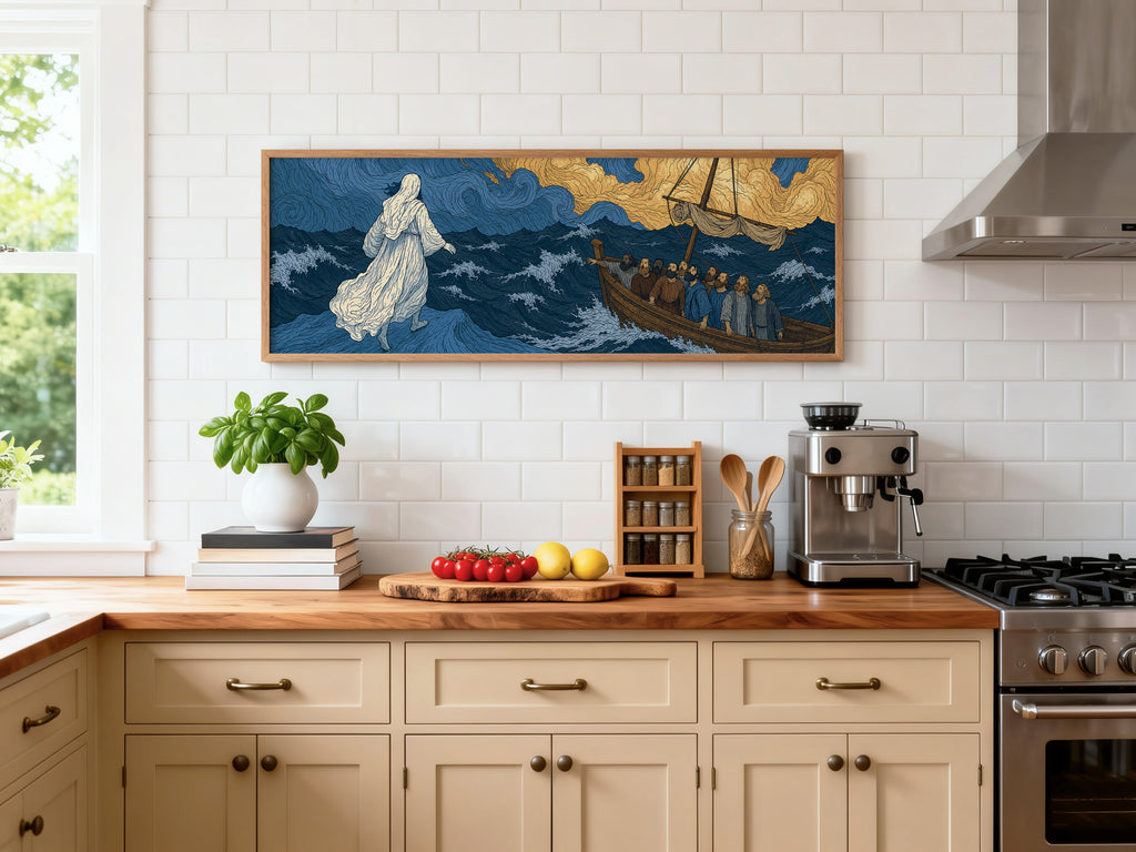 Biblical Jesus Walking Water Swirling Sea Panoramic Canvas Print, Van Gogh Style Blue Gold Wall Art, Redeemer Christian Heavenly Decor, P272