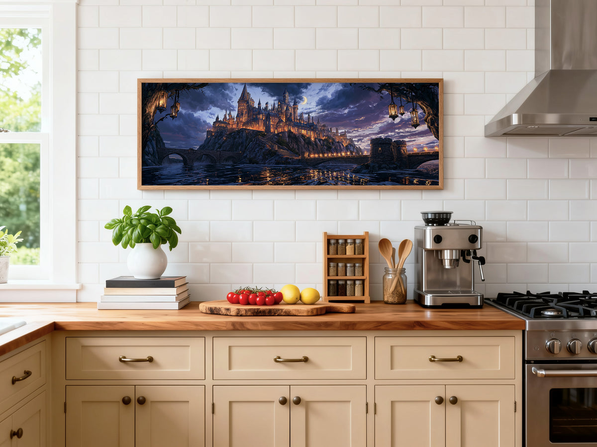 Enchanted Wizard Castle Night Panoramic Canvas Print, Fantasy Magic School Moonlit Wall Art, Dark Academia Fantasy Castle Decor
