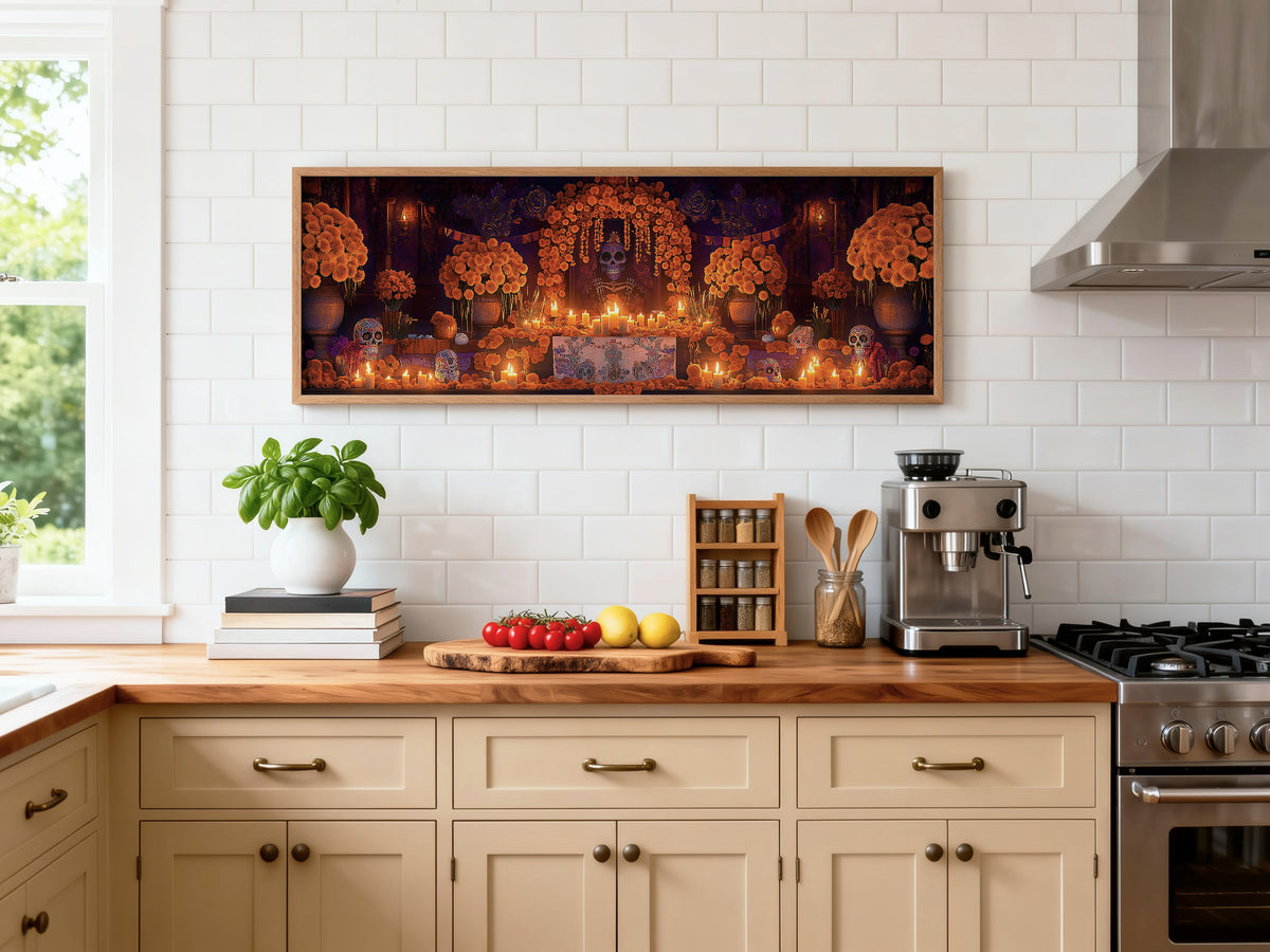 Day of the Dead Altar Panoramic Canvas Print, Dia de los Muertos Wall Art, Mexican Ofrenda Decor