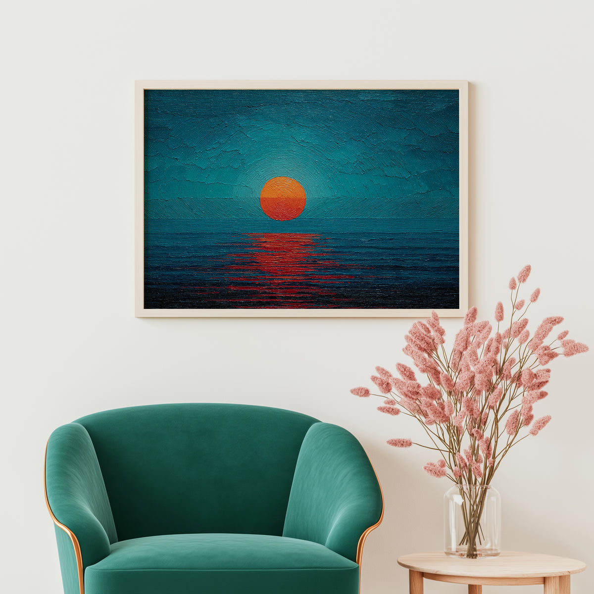 Minimalist Teal Orange Sun Seascape Canvas Print, Abstract Impasto Ocean Sunset Wall Art, Entryway Wall Decor