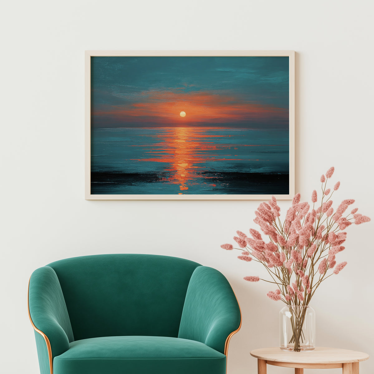 Dramatic Ocean Sunset Teal Orange Canvas Print, Glowing Sun Reflection Seascape Wall Art, Oil Painting Style, Extra Large Home Office Decor
