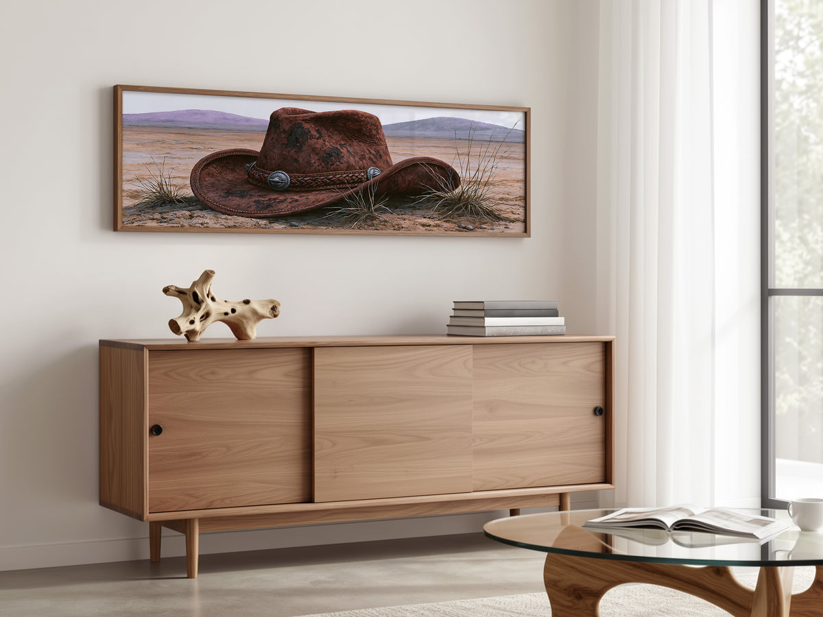Vintage Cowboy Hat and Desert Landscape Panoramic Canvas Print, Southwest Western Wall Art, Country Living Room Decor