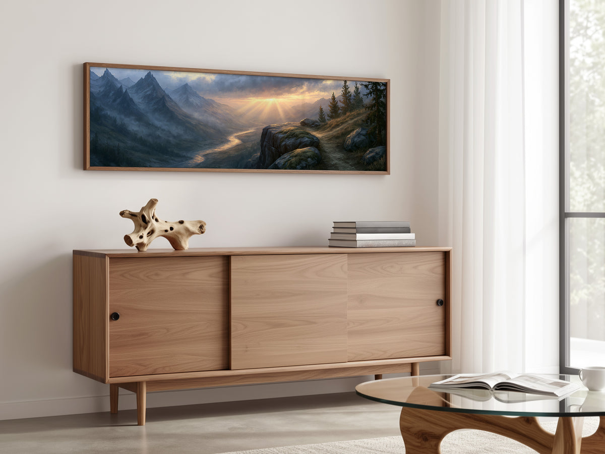 Alpine Mountain Valley Sunrise Panoramic Canvas Print, Golden Light Ray Landscape Wall Art, Rustic Living Room Canvas Decor