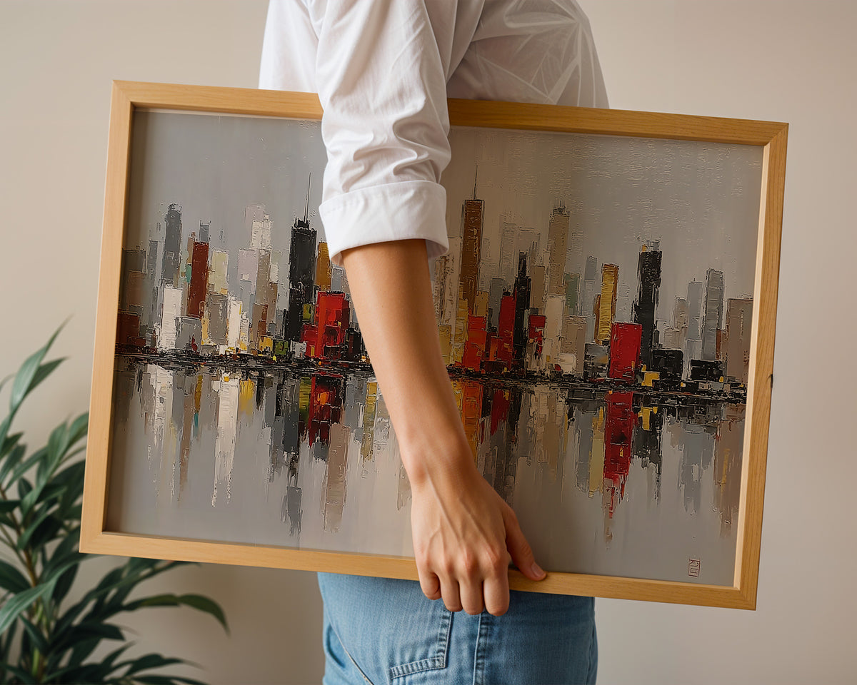 Abstract City Skyline Horizontal Canvas Print, Modern Cityscape Wall Art with Reflection, Office Wall Decor