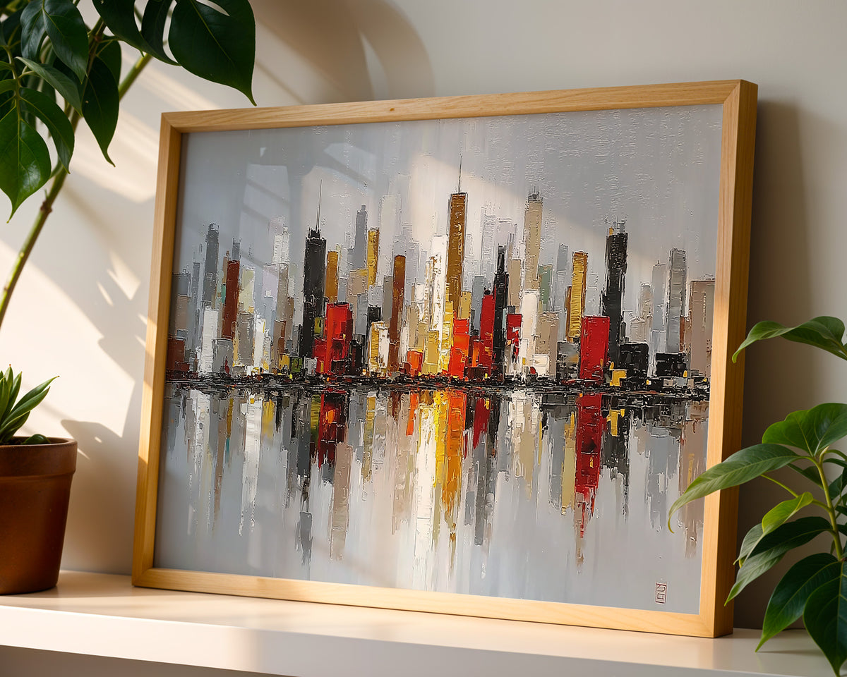 Abstract City Skyline Horizontal Canvas Print, Modern Cityscape Wall Art with Reflection, Office Wall Decor