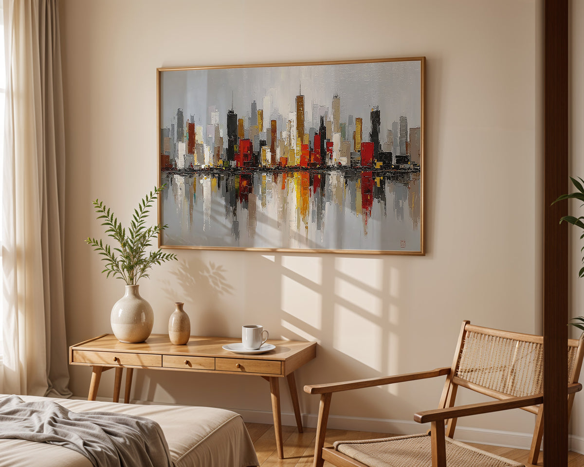 Abstract City Skyline Horizontal Canvas Print, Modern Cityscape Wall Art with Reflection, Office Wall Decor
