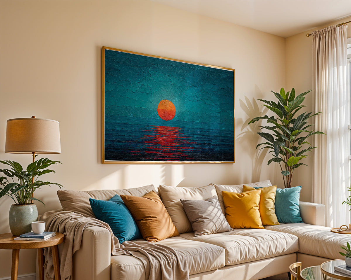 Minimalist Teal Orange Sun Seascape Canvas Print, Abstract Impasto Ocean Sunset Wall Art, Entryway Wall Decor