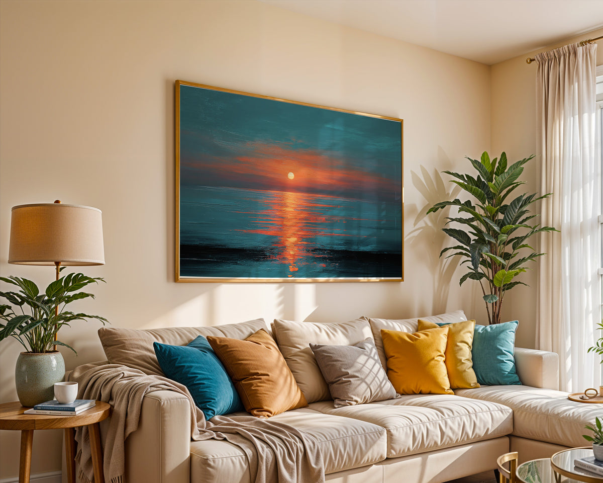 Dramatic Ocean Sunset Teal Orange Canvas Print, Glowing Sun Reflection Seascape Wall Art, Oil Painting Style, Extra Large Home Office Decor
