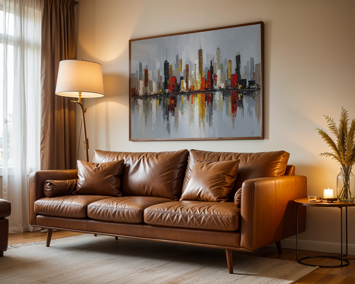 Abstract City Skyline Horizontal Canvas Print, Modern Cityscape Wall Art with Reflection, Office Wall Decor