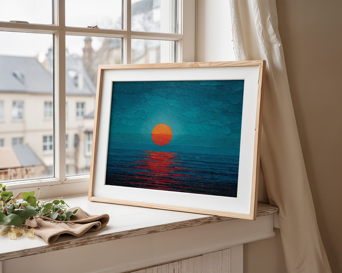 Minimalist Teal Orange Sun Seascape Canvas Print, Abstract Impasto Ocean Sunset Wall Art, Entryway Wall Decor
