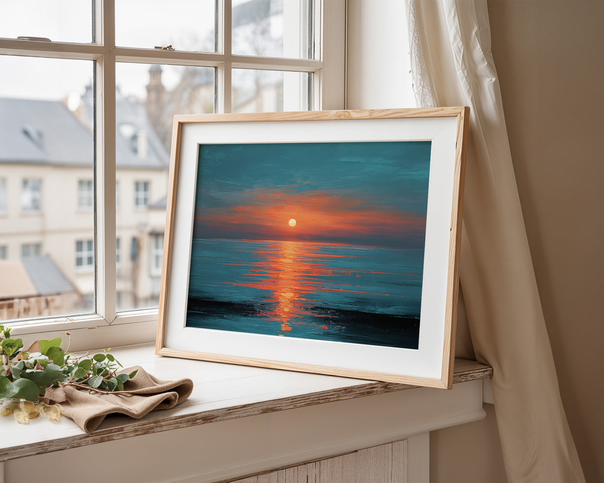 Dramatic Ocean Sunset Teal Orange Canvas Print, Glowing Sun Reflection Seascape Wall Art, Oil Painting Style, Extra Large Home Office Decor