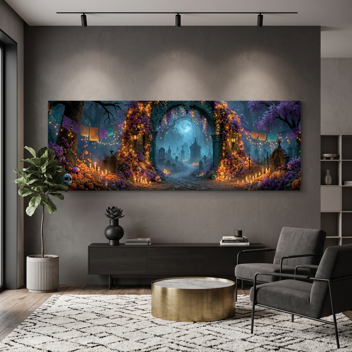 Dia de Muertos Cemetery Arch Marigold Panoramic Canvas Print, Day of the Dead Purple Moon Wall Art, Celestial Moonlit Graveyard Decor