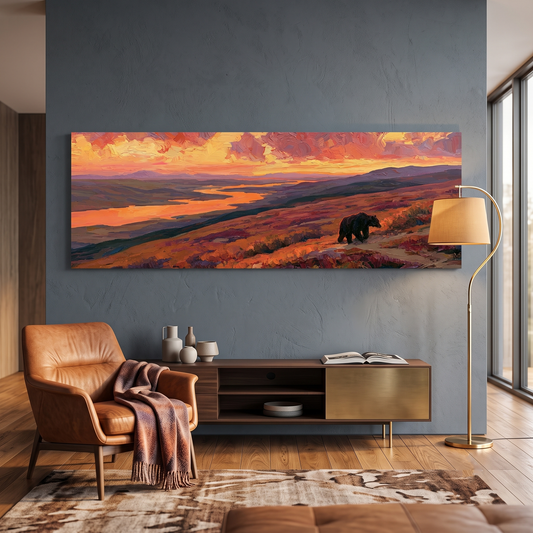 Grizzly Bear Autumn Landscape Panoramic Canvas Print, Orange Sunset Mountain Wall Art, Wildlife Rustic Home Decor