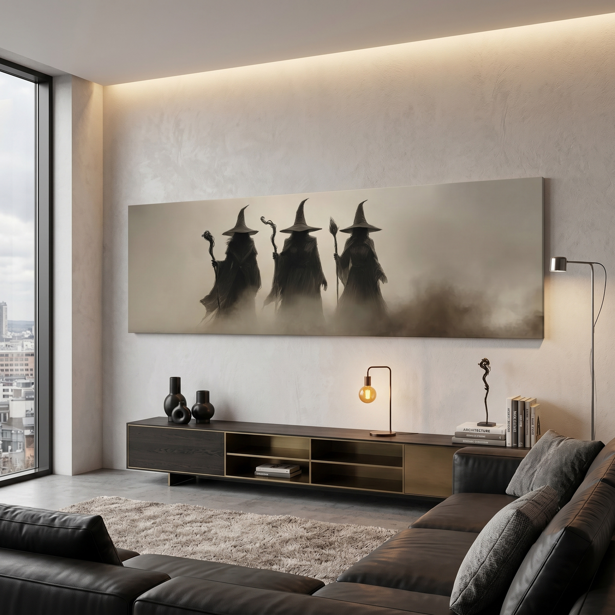 Mystic Witchy Dark Academia Panoramic Canvas Print, Three Coven Fantasy Wall Art