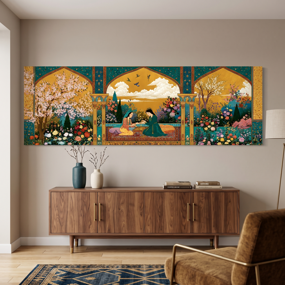 Persian Garden Women Tea Ceremony Panoramic Canvas Print, Islamic Miniature Gold Floral Wall Art, Exotic Middle Eastern Decor