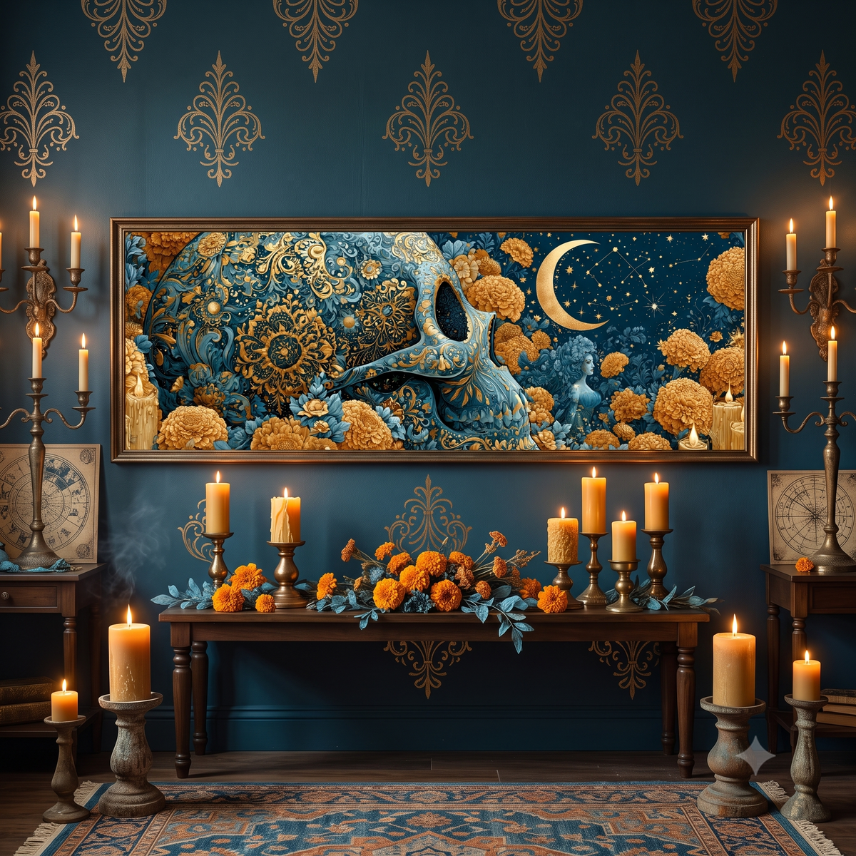 Sugar Skull Gold Teal Marigold Panoramic Canvas Print, Day of the Dead Celestial Wall Art, Horizontal Gothic Wall Decor