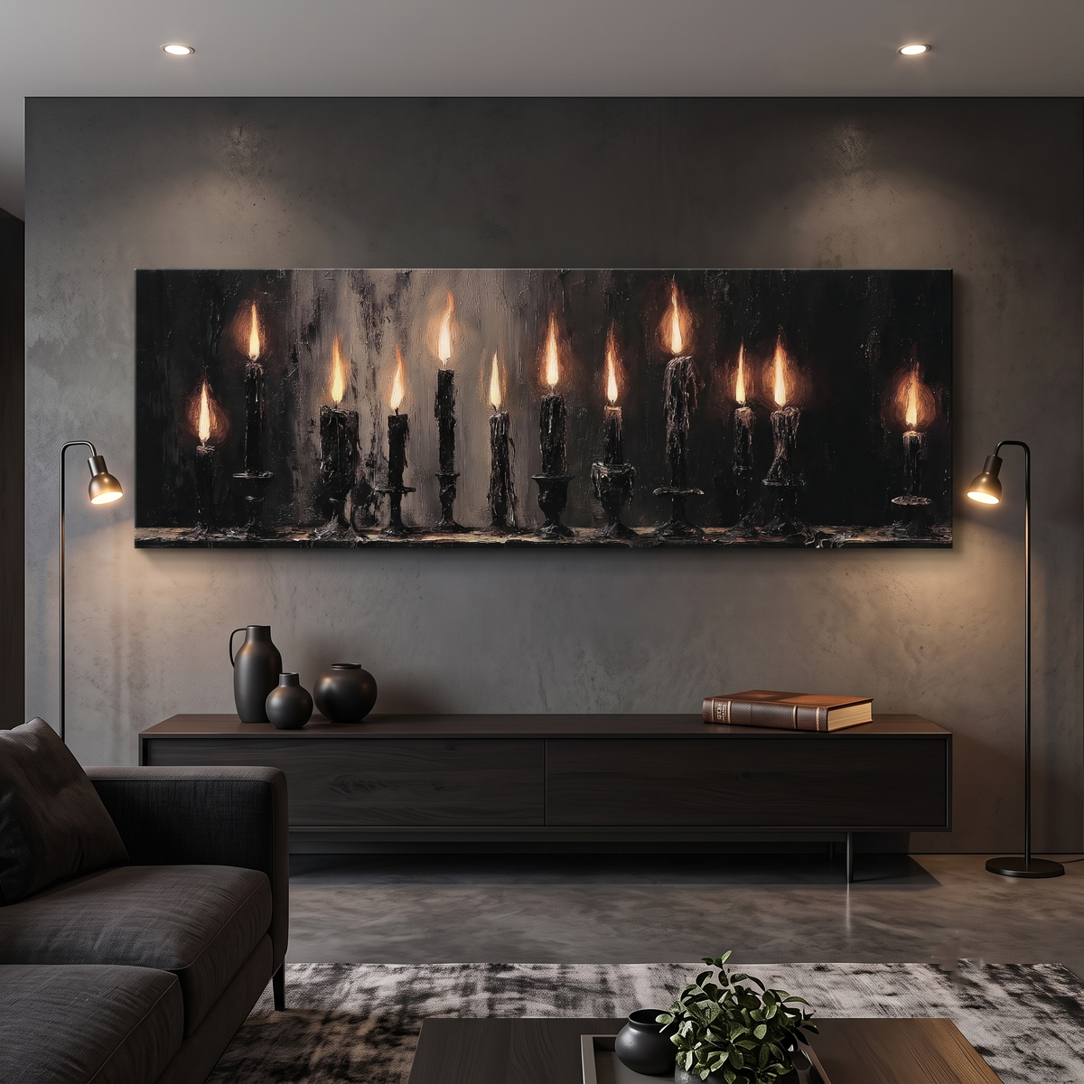 Gothic Dark Academia Moody Flame Panoramic Canvas Print, Burning Black Candles Wall Art