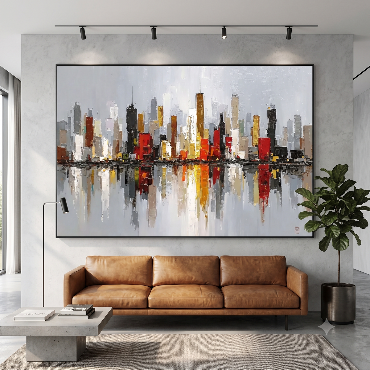 Abstract City Skyline Horizontal Canvas Print, Modern Cityscape Wall Art with Reflection, Office Wall Decor