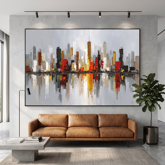 Abstract City Skyline Horizontal Canvas Print, Modern Cityscape Wall Art with Reflection, Office Wall Decor