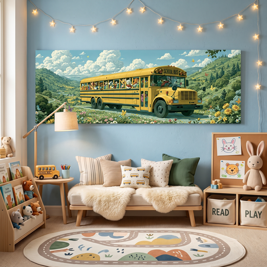 Cute Animal School Bus Panoramic Canvas Print, Whimsical Kids Room Wall Art, Extra Large Nursery Decor