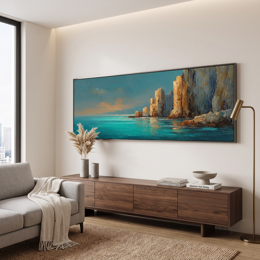 Mediterranean Turquoise Ocean Cliff Panoramic Canvas Print, Teal Gold Coastal Seascape Wall Art, Golden Rock Coastal Decor