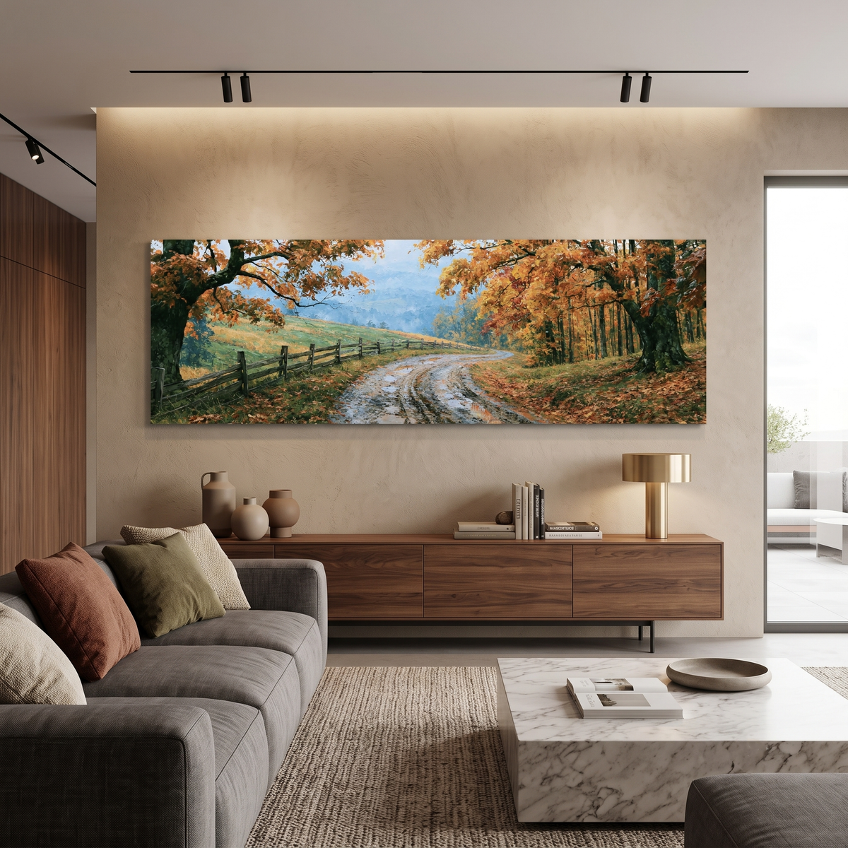 Autumn Country Road Fence Panoramic Canvas Print, Fall Orange Foliage Landscape Wall Art, Large Horizontal Over Bed Art