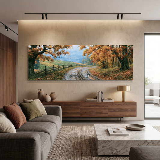 Autumn Country Road Fence Panoramic Canvas Print, Fall Orange Foliage Landscape Wall Art, Large Horizontal Over Bed Art