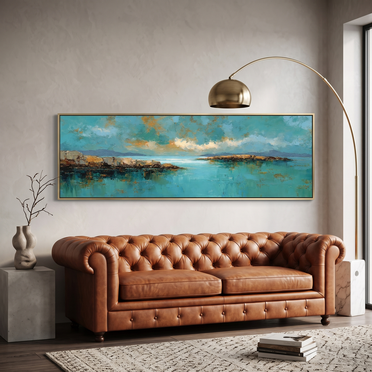 Abstract Coastal Teal Gold Panoramic Canvas Print, Impasto Ocean Sky Seascape Wall Art, Oversized Horizontal Decor