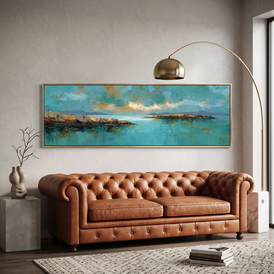 Abstract Coastal Teal Gold Panoramic Canvas Print, Impasto Ocean Sky Seascape Wall Art, Oversized Horizontal Decor