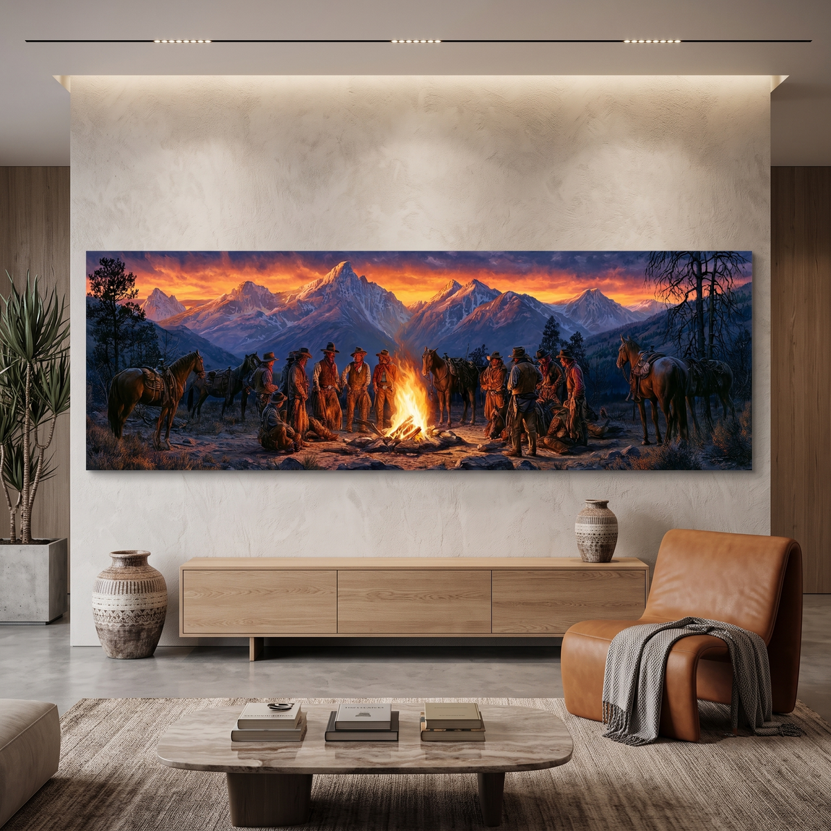 Cowboy Campfire Mountain Sunset Panoramic Canvas Print, Western Cowboys and Horses Wall Art, Extra Large Rustic Lodge Decor