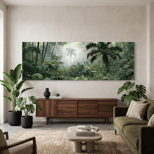Misty Tropical Jungle Panoramic Canvas Print, Lush Green Rainforest Wall Art, Extra Large Biophilic Modern Home Decor
