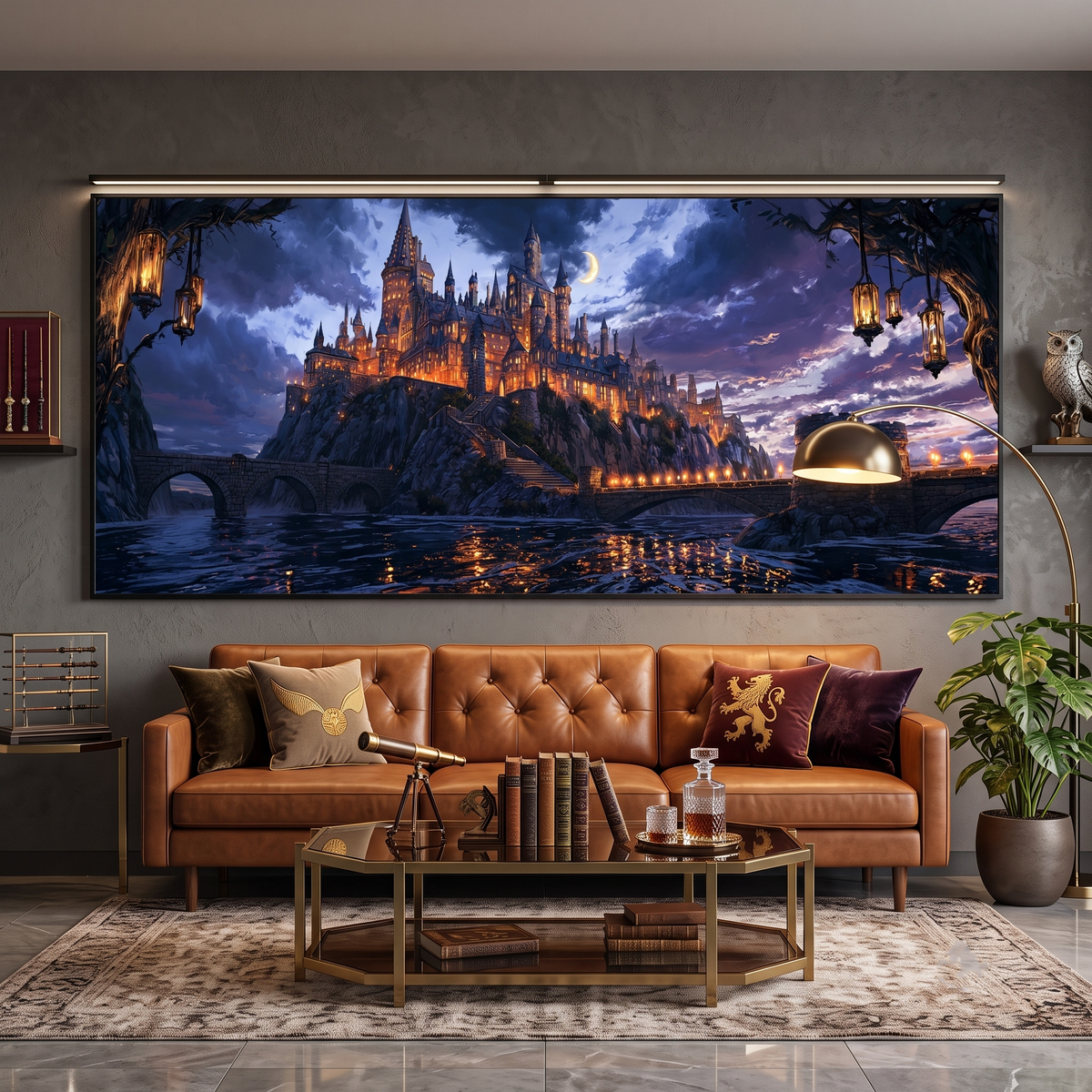 Enchanted Wizard Castle Night Panoramic Canvas Print, Fantasy Magic School Moonlit Wall Art, Dark Academia Fantasy Castle Decor