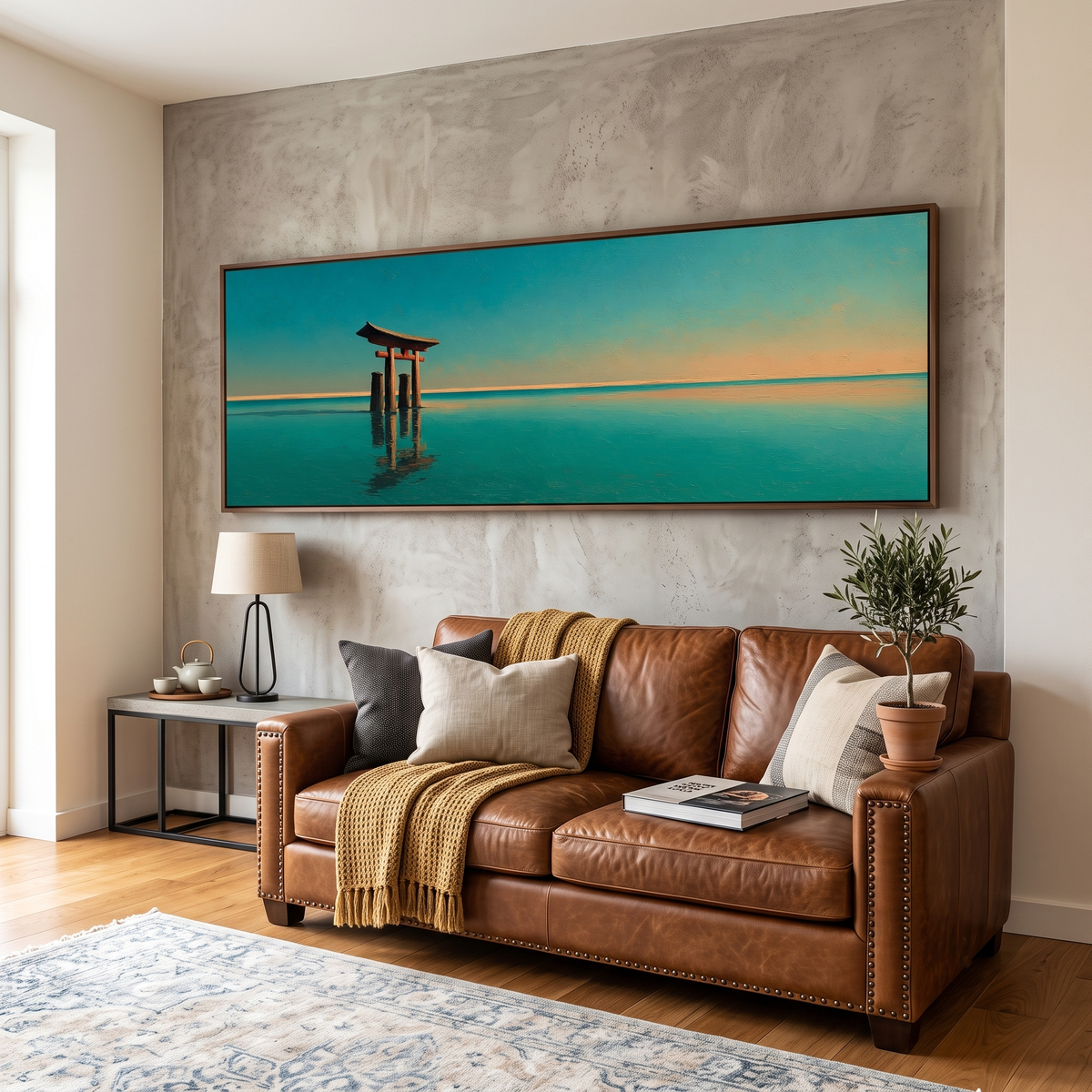 Japanese Torii Gate Ocean Sunset Panoramic Canvas Print, Minimalist Teal Blue Wall Art, Extra Large Zen Living Room Decor
