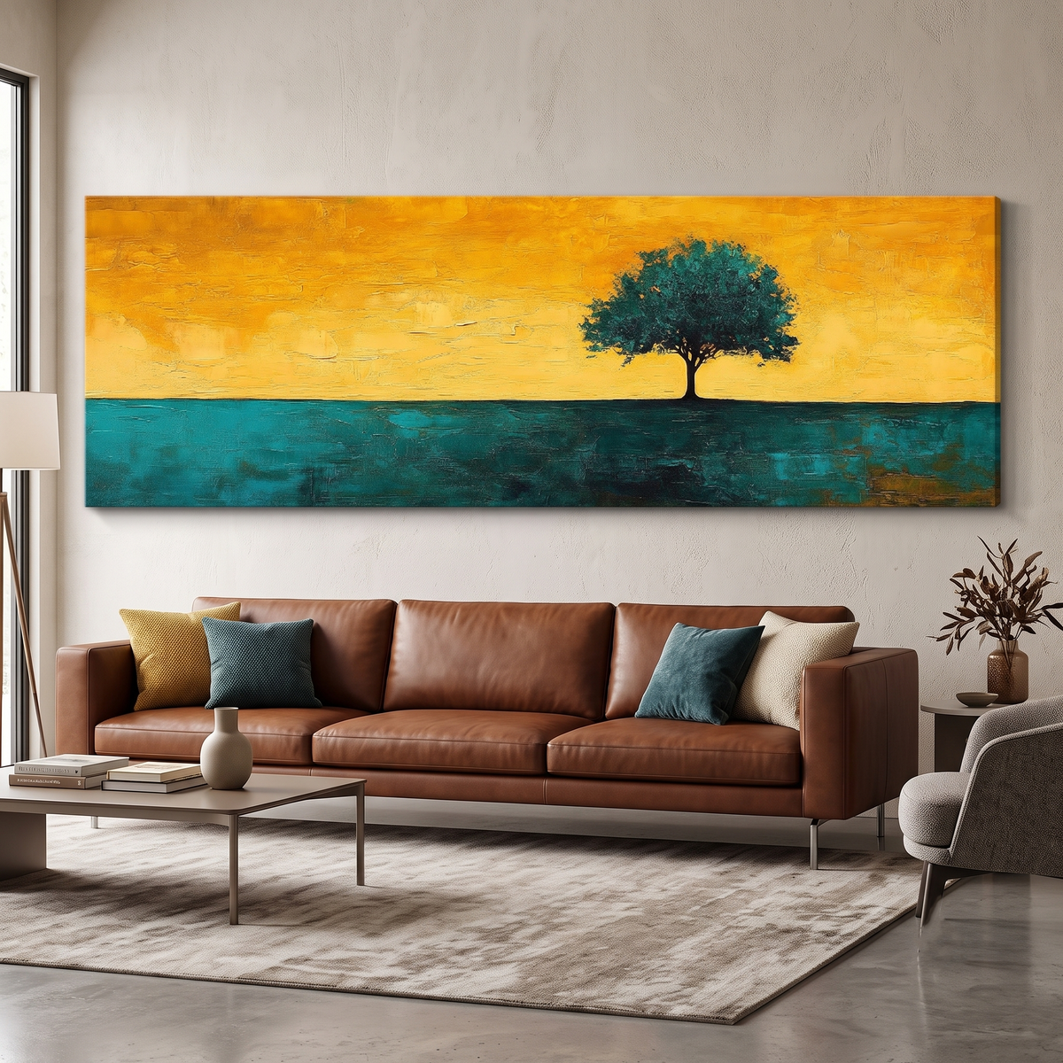 Minimalist Lone Tree Abstract Landscape Panoramic Canvas Print, Teal Yellow Gold Modern Nature Home Wall Art, Contemporary Decor
