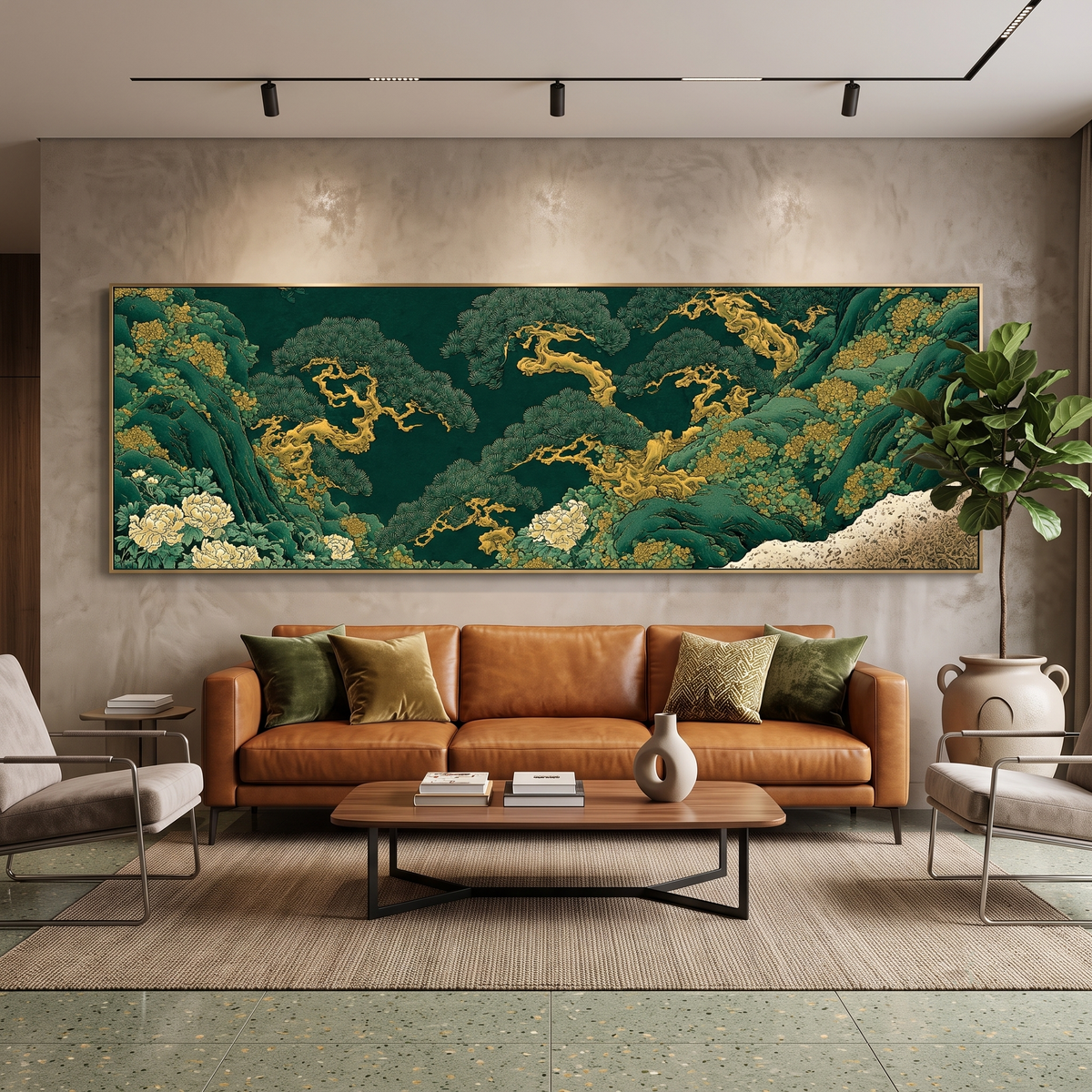 Japanese Pine Tree Panoramic Canvas Print, Emerald Green and Gold Landscape Wall Art