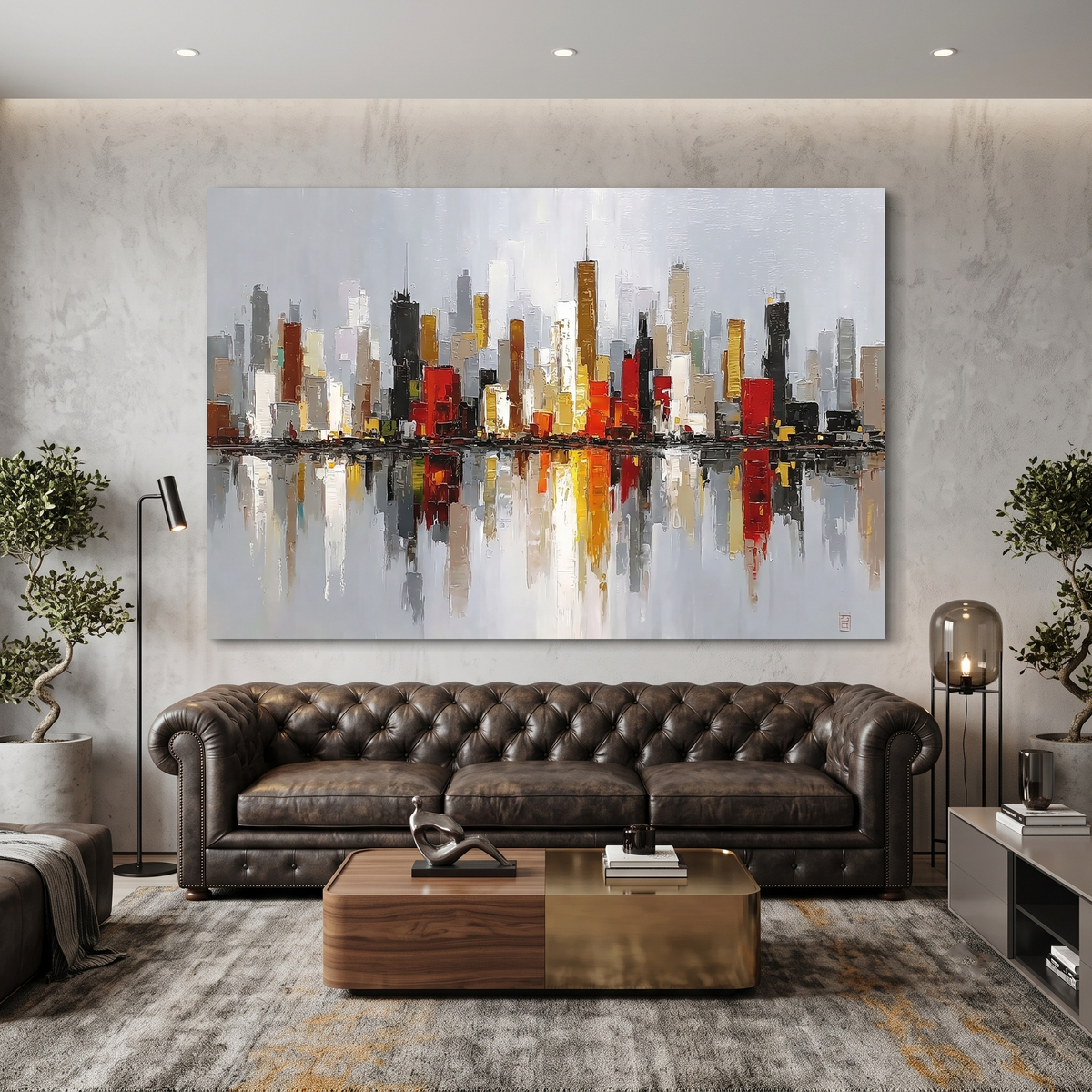 Abstract City Skyline Horizontal Canvas Print, Modern Cityscape Wall Art with Reflection, Office Wall Decor
