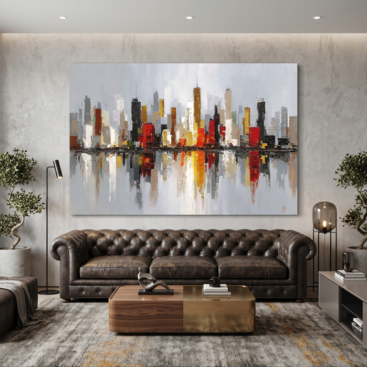Abstract City Skyline Horizontal Canvas Print, Modern Cityscape Wall Art with Reflection, Office Wall Decor