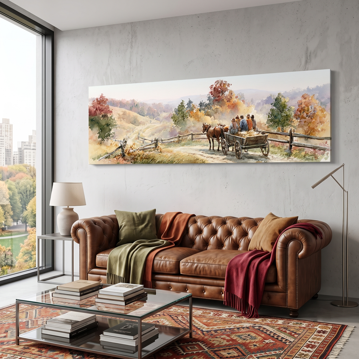 Autumn Watercolor Horse Drawn Wagon Panoramic Canvas Print, Rustic Country Road Lane Wall Art, Vintage Fall Scene, Countryside Decor