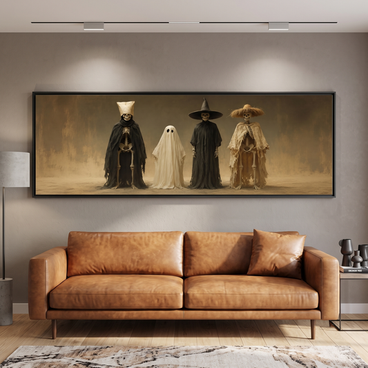 Spooky Halloween Costume Crew Panoramic Canvas Print, Skeleton Ghost Crew Wall Art