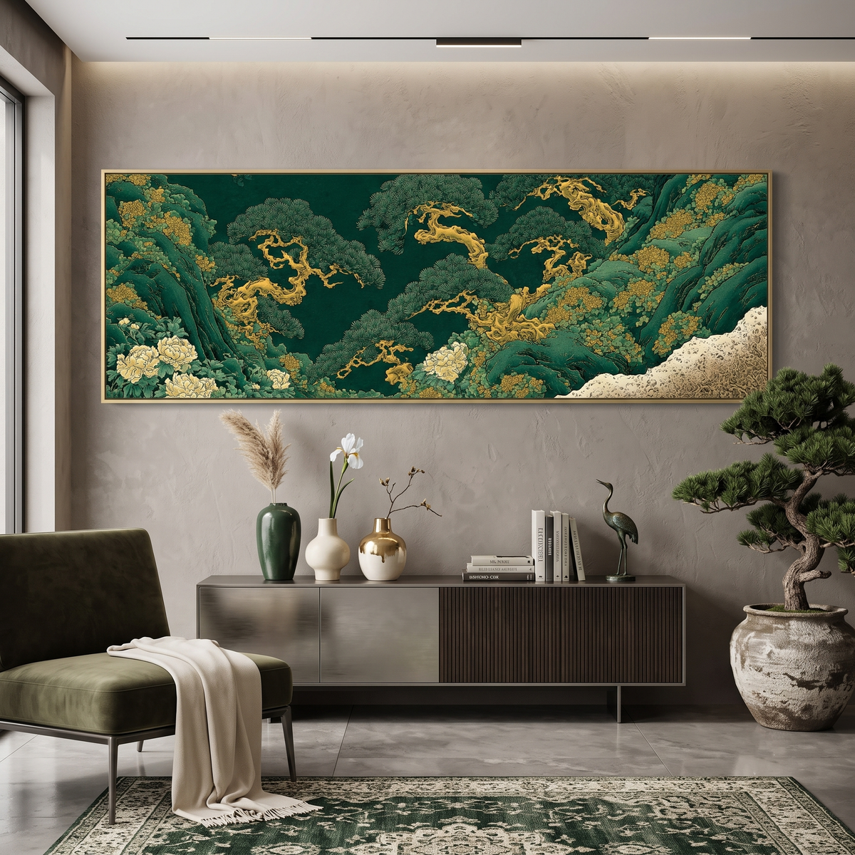 Japanese Pine Tree Panoramic Canvas Print, Emerald Green and Gold Landscape Wall Art