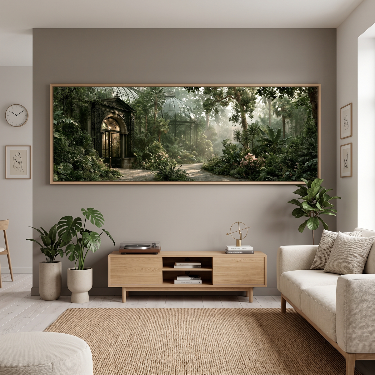 Victorian Greenhouse Botanical Garden Panoramic Canvas Print, Misty Green Glass House Wall Art, Biophilic Living Room Decor