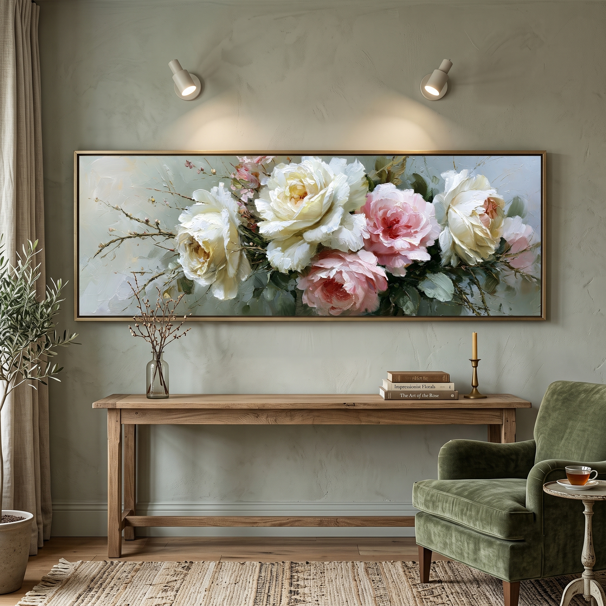 Elegant Peony Rose Bouquet Panoramic Canvas Print, Soft Pink White Floral Wall Art, Romantic Elegant Home Decor