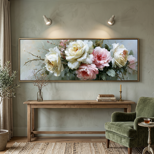 Elegant Peony Rose Bouquet Panoramic Canvas Print, Soft Pink White Floral Wall Art, Romantic Elegant Home Decor
