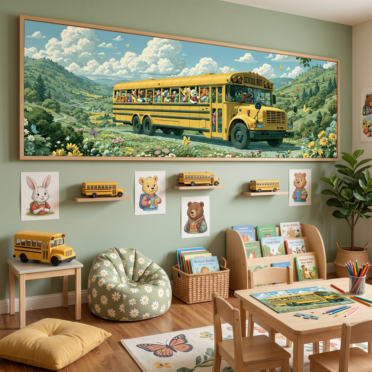 Cute Animal School Bus Panoramic Canvas Print, Whimsical Kids Room Wall Art, Extra Large Nursery Decor