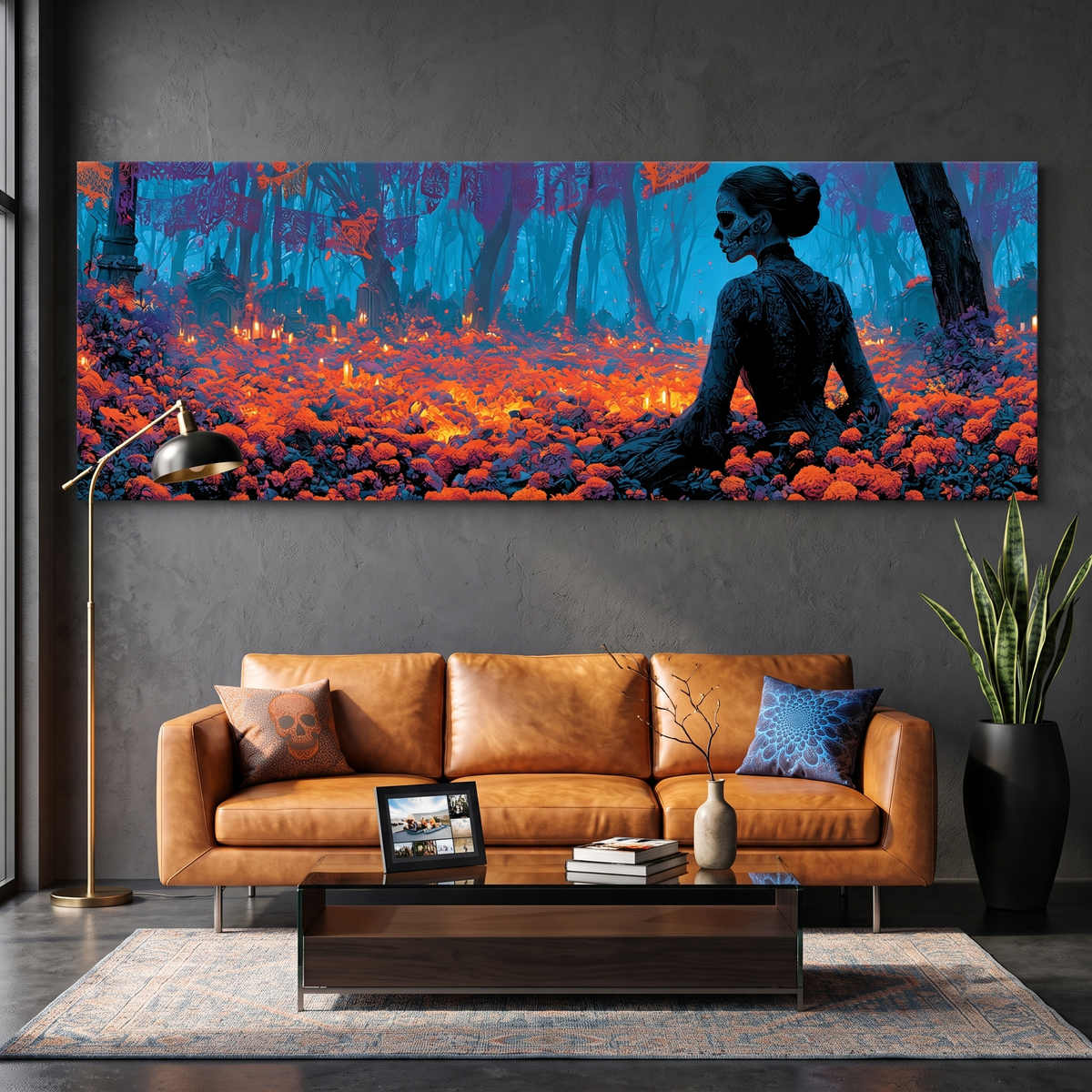 Sugar Skull Woman Marigold Forest Panoramic Canvas Print, Day of the Dead Blue Orange Wall Art, Macabre Room Decor