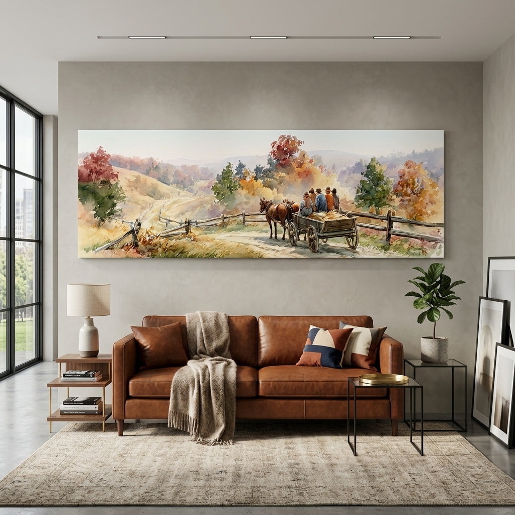 Autumn Watercolor Horse Drawn Wagon Panoramic Canvas Print, Rustic Country Road Lane Wall Art, Vintage Fall Scene, Countryside Decor