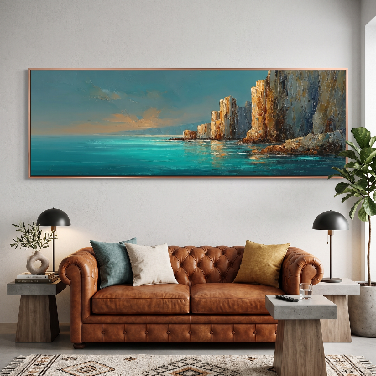 Mediterranean Turquoise Ocean Cliff Panoramic Canvas Print, Teal Gold Coastal Seascape Wall Art, Golden Rock Coastal Decor