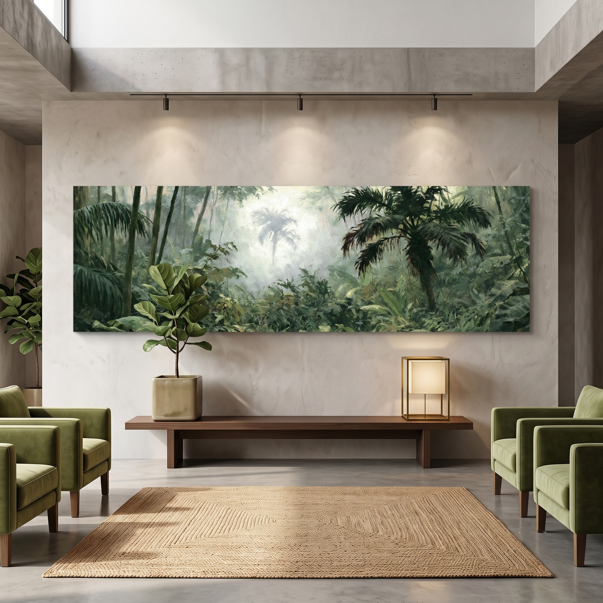 Misty Tropical Jungle Panoramic Canvas Print, Lush Green Rainforest Wall Art, Extra Large Biophilic Modern Home Decor