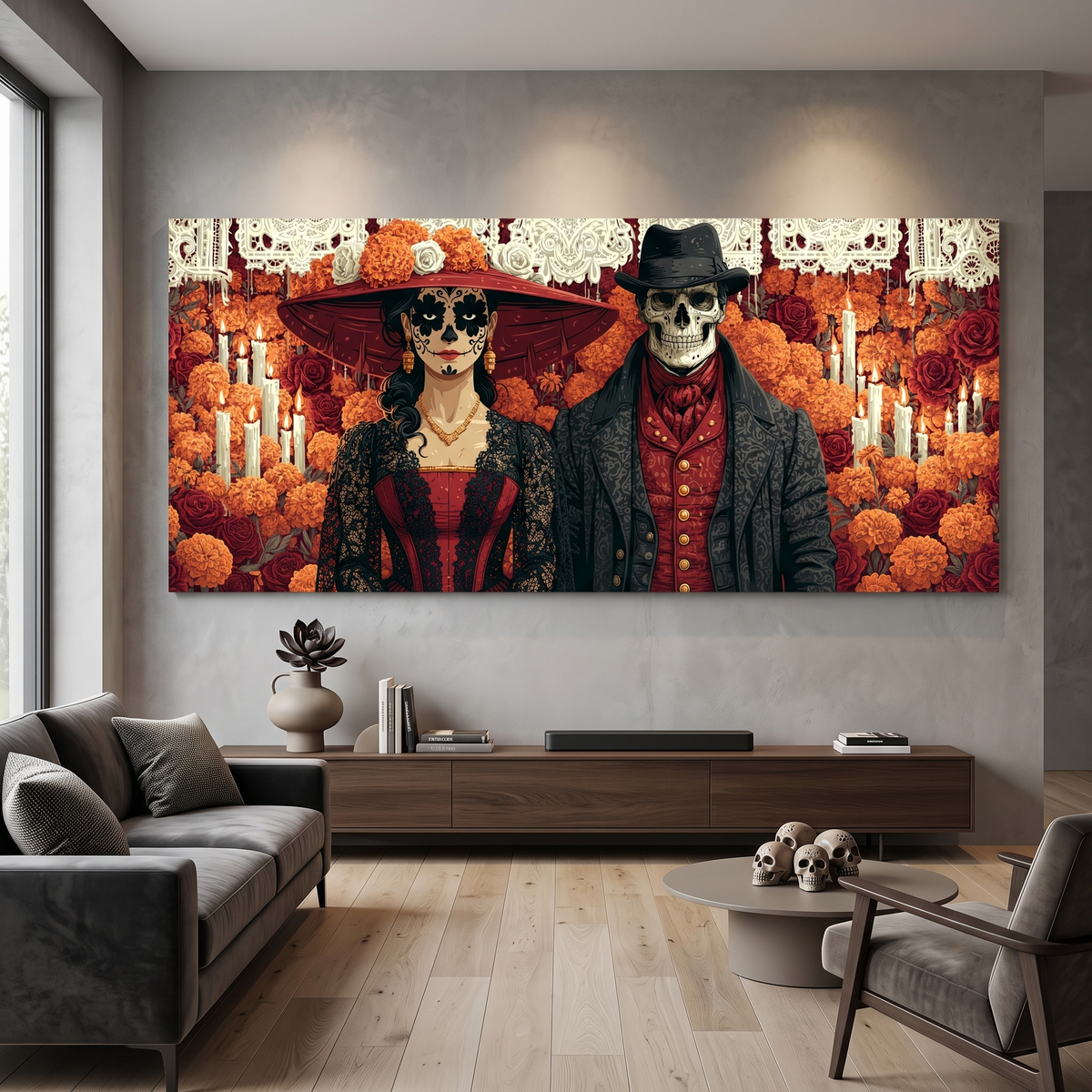 Day of the Dead Couple Canvas Print – Catrina & Skeleton Groom Wall Art